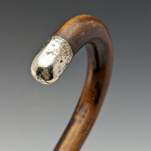 1919 British Antique Lightweight Men's Walking Stick Sterling Silver Decoration Brown Shaft 90cm